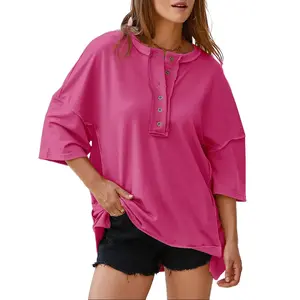 Shewin 2026 Spring/Summer Women's Oversized Henley Collar Tee Soft Breathable Cotton Blend Short Sleeve Button Down Casual Top for All Seasons