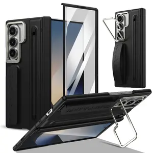 Invisible Lens Bracket Foldable Phone Case compatible with Samsung Galaxy Z Fold 7, Z Fold 6, Z Fold 5, Z Fold 4 and Z Fold 3. Comes with a stylus pen and a front screen protector, featuring an integrated case and film design for drop-proof protection.