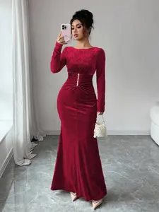 Pearl Decor Elegant Romantic Velvet Ruffle Hem Bodycon Dress, Versatile For Winter/Autumn, Christmas, Thanksgiving, Dates, Parties