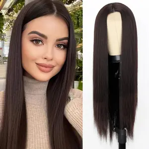 XINRAN Straight Dark Brown Long hair Natural daily party Wear hair wig 30 "long, straight brown wig Small Area Lace front (dark brown)