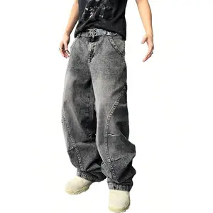 Men's Irregular Sutures  Hip Hop Baggy Jeans Wide Leg Denim Pants Casual Loose Fit Trousers Streetwear