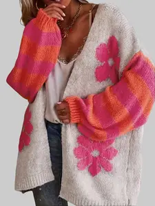 Women's Floral Striped Long Sleeve Cardigan, Casual Fashion Oversized Open Front Knit Sweater for Spring & Fall, Fashion Women's Knitwear for Daily Wear, Womenswear