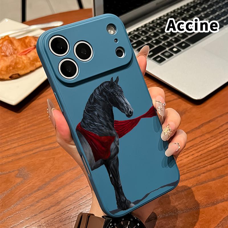 Straight Edge Phone Case for iPhone 17 16 Pro Max 15 Plus 14 13 12 11 Air XS XR E Black horse with red cloth Pattern Anti-Scratch Shockproof Soft Silicone Protective Cover