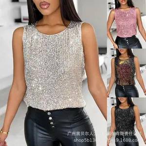Women's Allover Sequin Round Neck Tank Sleeveless Sparkly Top