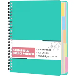 Spiral Notebook with Tabs, 8.5x11inch Hardcover College Ruled Journals with Deviders 5 Subject Project Notebook Perforated Edges for School Office, Green