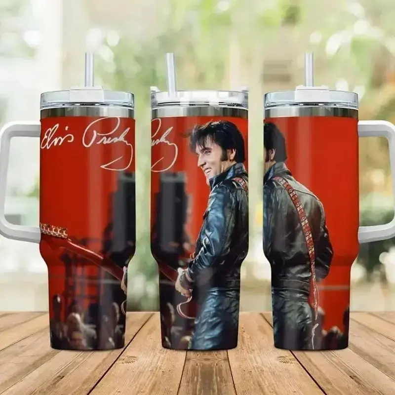 40oz Elvis Presley Inspired Stainless Steel Travel Tumbler with Handle & Straw, Casual 1,000-2,000 ml 3-Way Multi-Functional Lid, Guitar & Photo Collage Rock and Roll Cup, Gift for Adults, Gift For Him