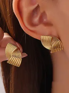 Women's European & American Style Stainless Steel Striped Staggered Earrings, Personalized Design, Trendy Light Luxury Cross-Border Jewelry