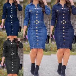Women’s New Denim Dress – Lapel, Slim Fit, Elegant Pencil Style, Long Sleeves, High Waist, Single-Breasted Black Women's Clothing