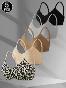 Women's Seamless Jelly Gel Push-Up Bra, Everyday Wireless Backless Lingerie, Slim-Fitting Max Support, All-Over Print, Casual Style, 1/3/5pcs Set