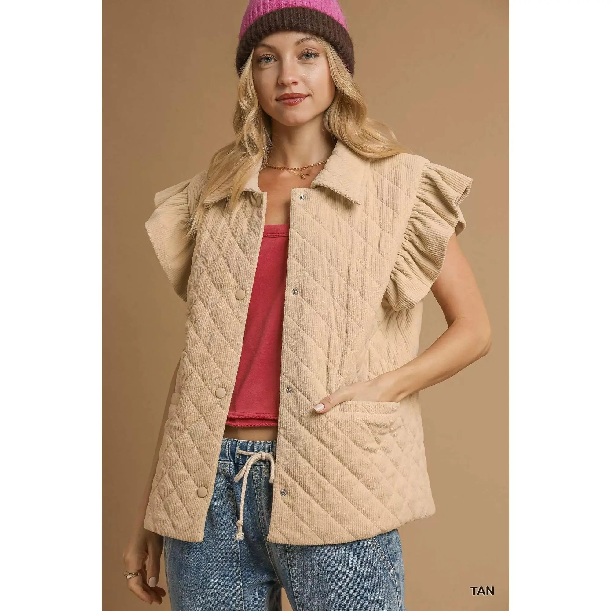 Umgee Corduroy Quilted Ruffle Sleeve Vest | Women's Layering Vest