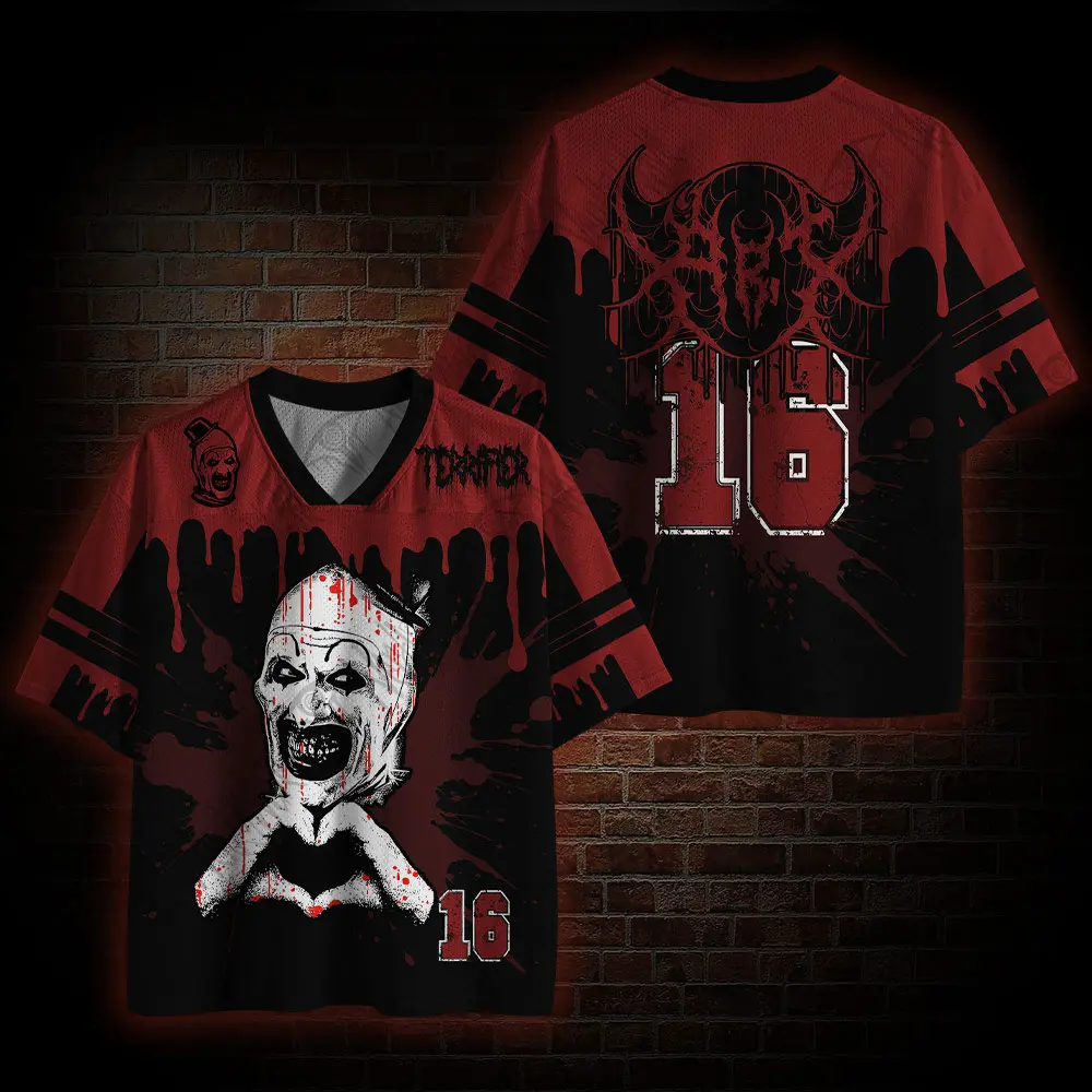 Bloody Horror Clown Mesh Baseball Jersey, Slasher Killer Custom 16 Sport Shirt, Aesthetic Spooky Season Graphic Team Uniform, Novelty Halloween Party Costume Top