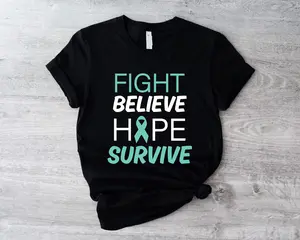 Cervical Cancer Awareness T-shirt, Fight Believe Hope Survive Shirt, Teal Ribbon Tee, Cervical Support Tee For Wife, Ovarian Cancer Short Sleeve, Survivor Tee, Gift For Mom. Cotton Casual