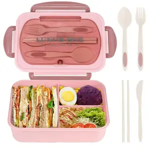 Classic - Adult Bento Box, All-in-One Stackable Lunch Box Container with 3 Compartments, Plastic Utensils, and Nylon Sealing Strap, BPA Free Food Container
