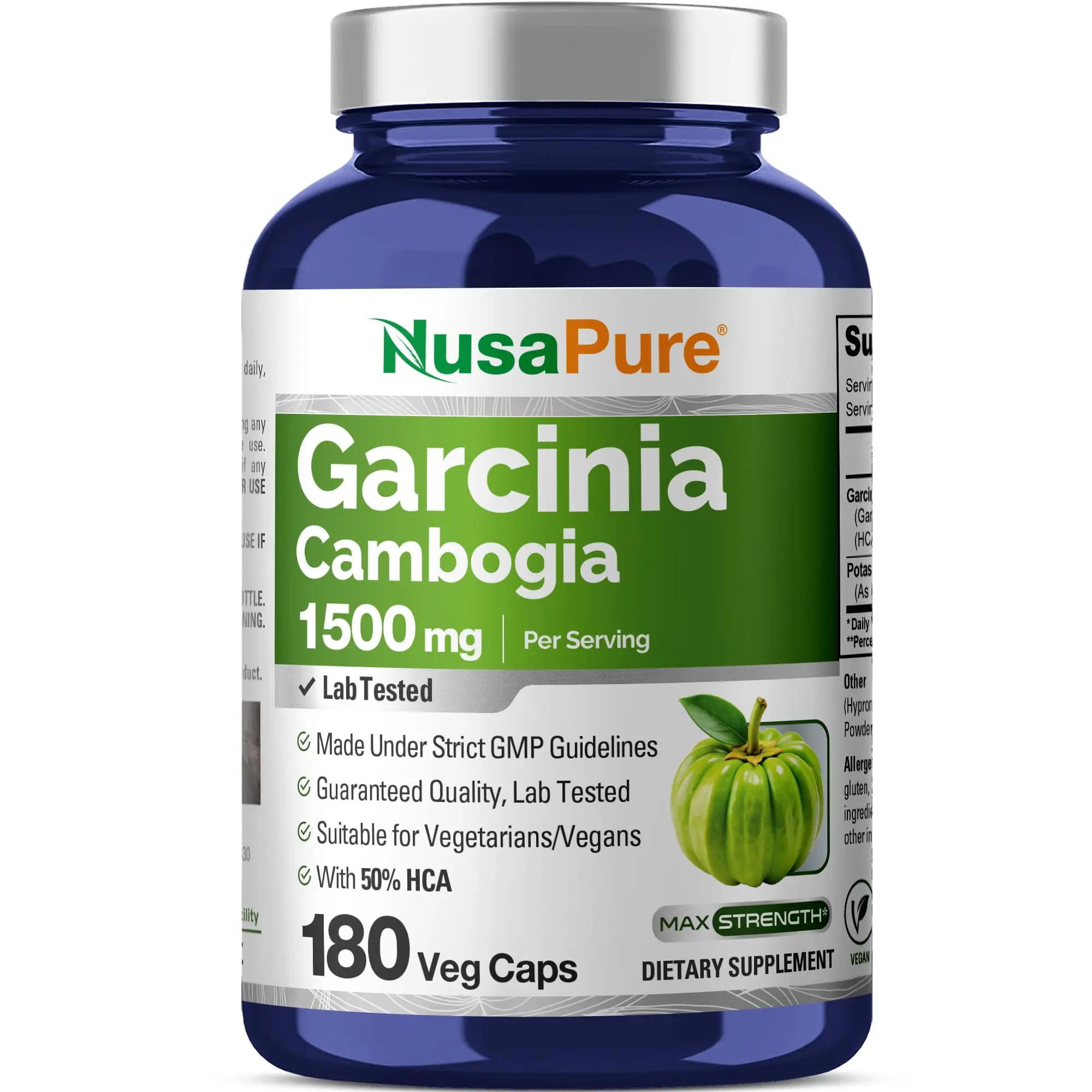 NusaPure Garcinia Cambogia High HCA Dietary Supplements - 180-Count Capsules for Supplements, 1500mg, Plant Based, Vegetarian, Vegan, Non-GMO for Body Health