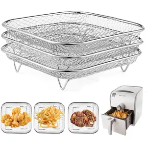 8 inch Square Air Fryer Rack, Set of 3, Stackable Multi-Layer Stainless Steel Dehydrator Rack, Square Airfryer Accessories for Cosori, Instant Vortex, Ninja Foodi Grill(Airfryer inner size>8.5inch)