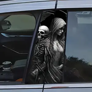 2 NNMM Reaper Skull Car Stickers - Gothic Skull King and Queen Design, Self-Adhesive Scratch Resistant Vinyl Sticker, Suitable for B-pillars and doors, Halloween car decoration, plastic/wood/glass/metal surface, horror theme, Premium Skull Stickers