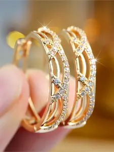 1 Pair Golden Plated Cubic Zirconia Cross Hoop Earrings, Luxury Sparkling Hollow Out Huggie Earrings, Elegant Daily Party Jewelry Gift For Women