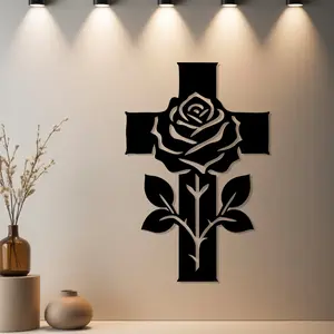 1pc Rose Cross Metal Wall Art, Rose Cross Statue Mural with Rust-Resistant Finish - Ideal Gift for Christmas & New Home Gift & Bridal Shower & Halloween & Valentine's Day (Bridal Gift) - Metal Wall Sculptures for Church Wall & Ga Religious Home Decor