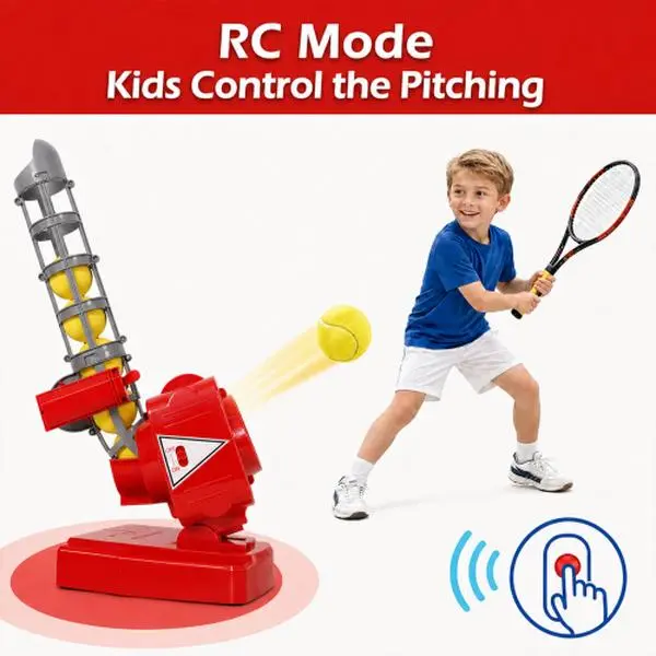 Children’s baseball and tennis pitching machine, automatic ball feeder coach, adjustable launch angle, includes a bat and a racket stand, suitable for beginner children—boys and girls—for outdoor sports