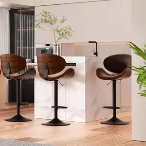 Swivel Bar Stools Set of 3, Seat Adjustable Height 23.5-32.5IN Bentwood Barstools with Back & Footrest, PU Leather Upholstered Counter Height Bar Chairs for Bar Kitchen Dining Room,Brown