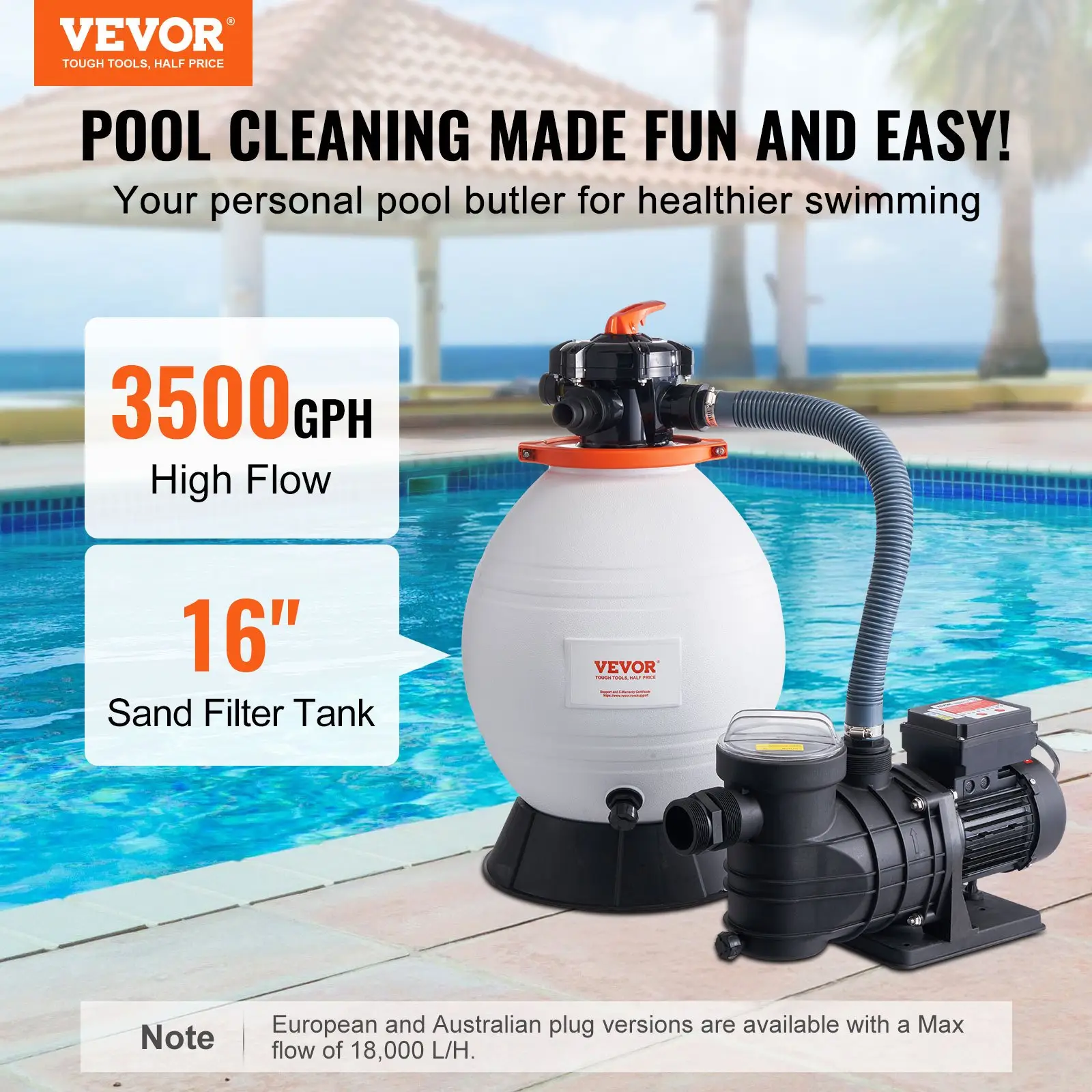 VEVOR Sand Filter Pump for Above Ground Pools, 10-16 inch, 1585-3500 GPH, 1 HP Swimming Pool Pumps System & Filters Combo Set with 6-Way Multi-Port Va