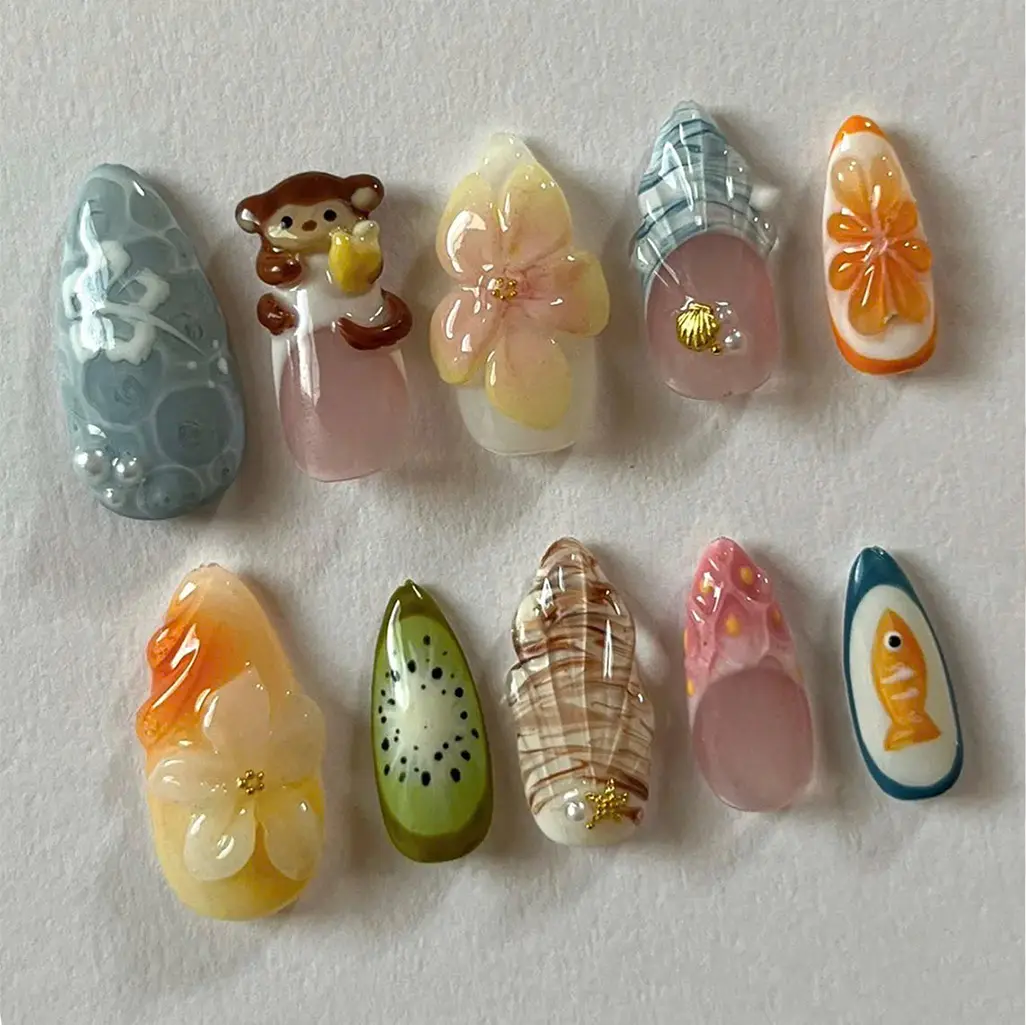 Summer Monkey, Fruit & Fish Press-On Nails, 3D Banana, Kiwi, Pineapple Charms, Tropical Vacation Vibes, Custom Handmade Set, Perfect Gift for Her
