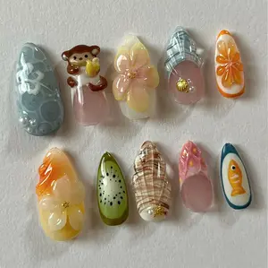Summer Monkey, Fruit & Fish Press-On Nails, 3D Banana, Kiwi, Pineapple Charms, Tropical Vacation Vibes, Custom Handmade Set, Perfect Gift for Her