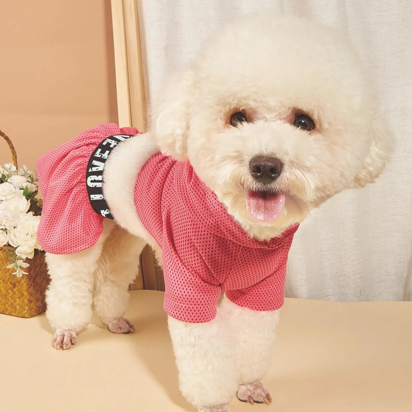 pink/green/hot pink breathable mesh Poodle Puppy pet top and skirt two-piece set, featuring a hooded top and a "LOVE" ribbon skirt. Ventilated pet clothing for small/medium dogs, perfect for summer cool and casual wear Puppy Clothes