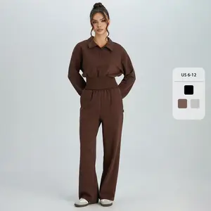 Women's Casual Collared Long Sleeve Crop Top & Wide Leg Trousers Co-ord Set & Separates, Minimalist Ribbed Elastic Waist Outfits, Comfortable Womenswear (CN)