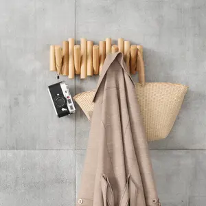 Picket Wall Hook: 5 Flip-Down Hooks for Wall-Mounted Storage, Beveled Pine Wood Dowels, Real Wood Material Decor Wooden