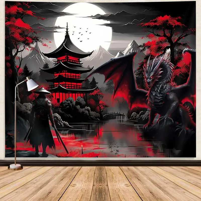 Anime Samurai Linen Blend-Cotton Synthetic Wall Tapestry - Red and Black Medieval Fantasy Dragon Decor, Lightweight Dark Asian Japanese Mountain Forest Sunset Aesthetic for Adult Cool Room Home Supplies, Decorative, Hanging
