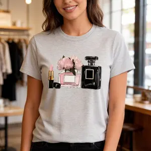 Women's Vintage Graphic Tees Perfume & Lipstick Floral Oversized T-Shirt Luxury Beauty Trendy Tops Casual Cartoon Style Summer Fitted Crew Neck Short Sleeve Medium Length - Womenswear