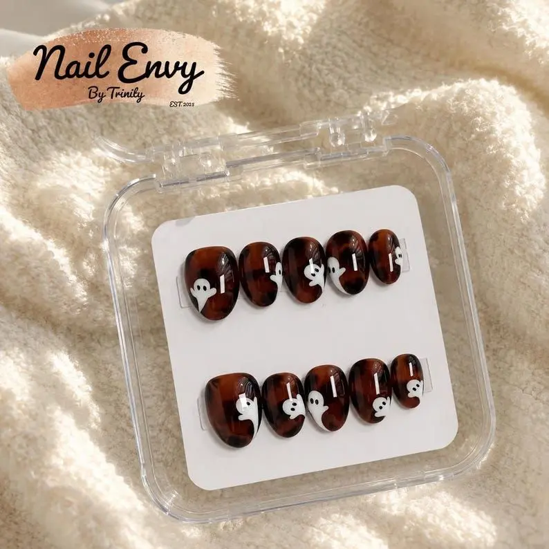 Ghost Tortoise Shell Press On Nails | Spooky Halloween Fall Reusable Glue On Nail Art Kit Nail Box sohochic