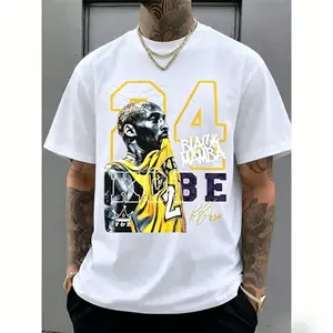 Premium 100% Cotton 90s Vintage Sports Graphic Tee | Men's Heavyweight Basketball Legend Culture T-Shirt | Classic Avant-Garde Distressed Number 24 Crewneck Short Sleeve Shirt, Soft White Top