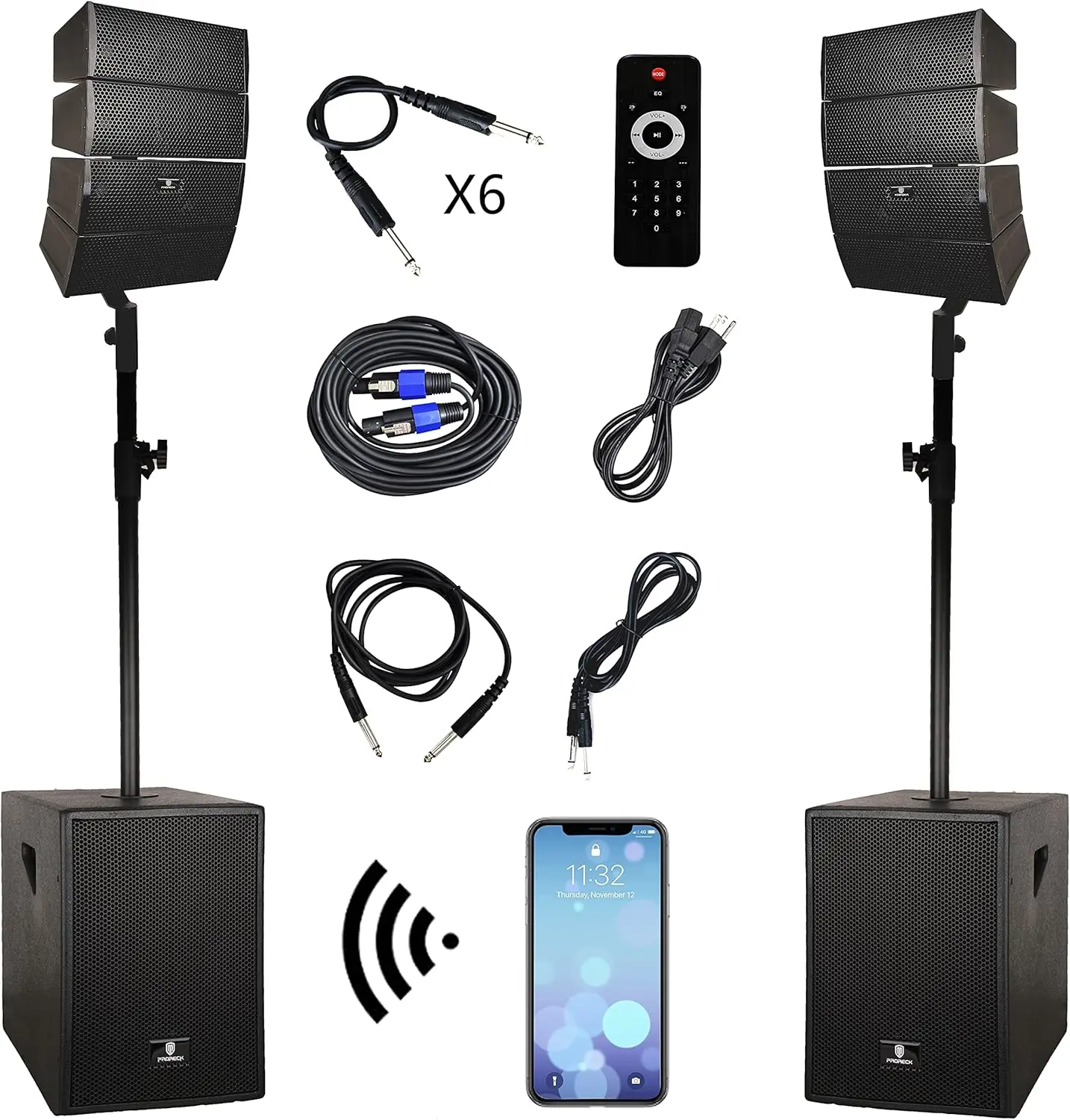HER 4000W DJ/Powered PA Speaker System Combo Set with Bluetooth/USB/SD Card/Remote Control with Two 12 Inch Subwoofers and 8 Line Array Speakers or Performances, speeches, Live