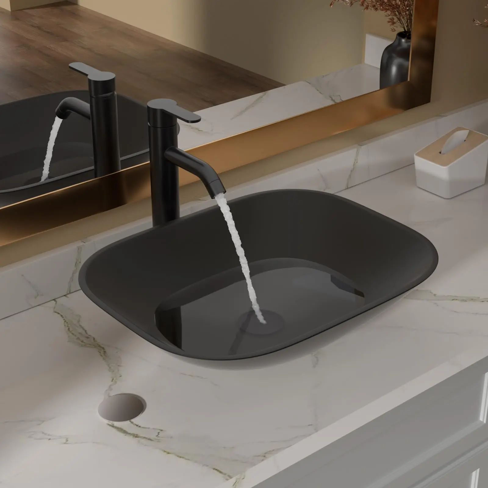 Lordear Bathroom Vessel Sink Tempered Glass Bowl Vessel Sink with Faucet and Pop-up Drain Combo Matte Black Countertop Bathroom Sink Basin