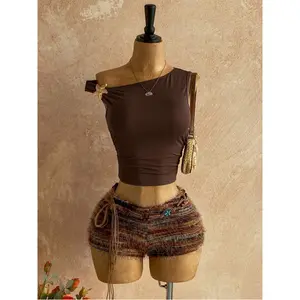 New casual vacation western-style beach wedding guest outfit, graduation brunch, St. Patrick's Day, spring break, Easter, music festival, elegant bohemian tropical style plush textured brown knitted asymmetrical shoulder floral backless two-piece women's