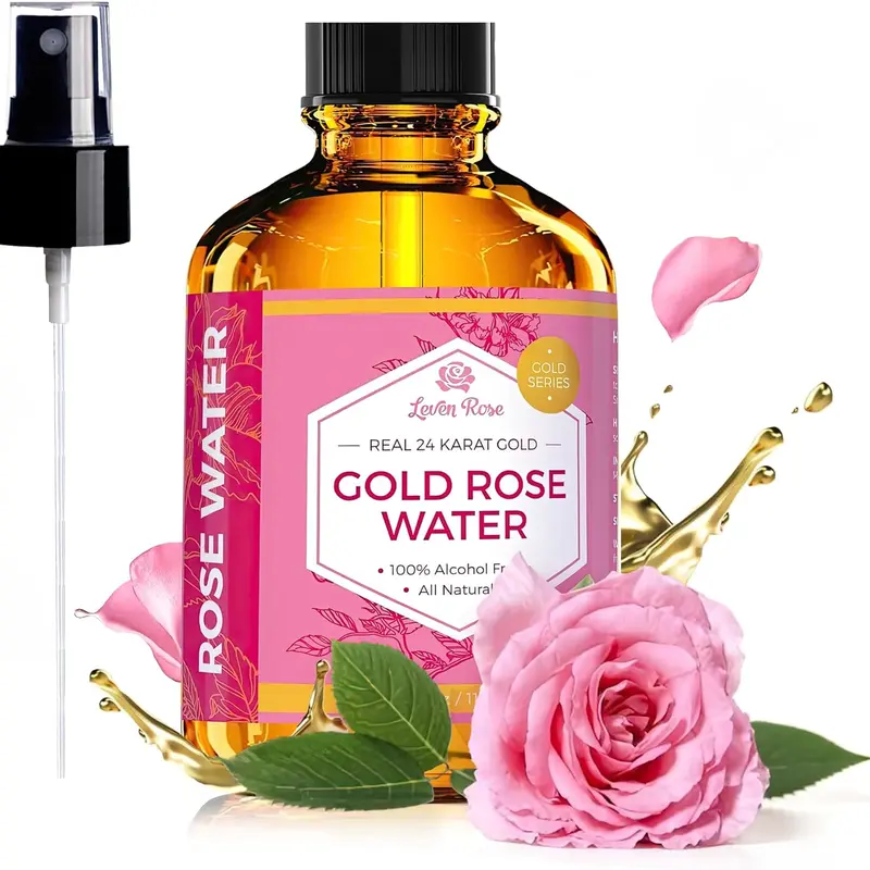 Leven Rose 24K Gold Rose Water Toner 4oz for Acne Prone Skin - Alcohol Free, Glycerin Free, Sensitive Skin, Moisturizing, Natural Formula - Skincare