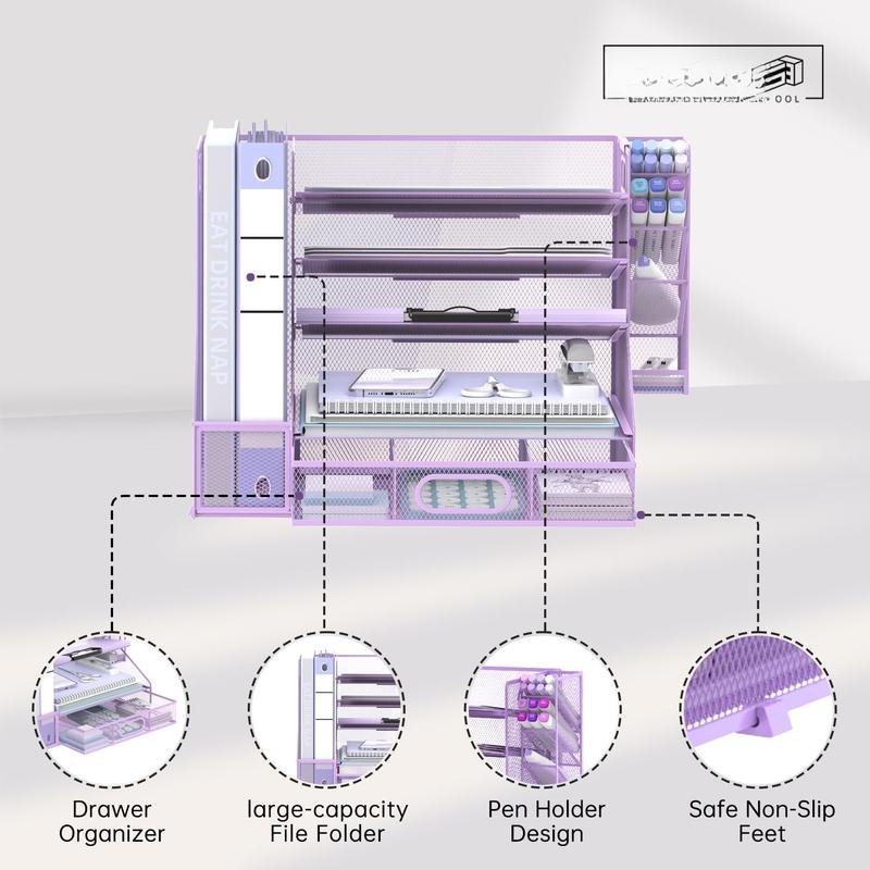 Desk Organizer with File Holder, 5-Tier Mesh Paper Letter Tray Organizer with Pen Holder and Drawer, Desktop Organizer and Storage with 3 Tilted File Sorter for Office Supplies, Purple