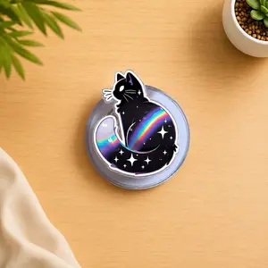 Celestial Black Cat Phone Grip, Rainbow Galaxy MagSafe Holder, Cute Acrylic Phone Stand, Kawaii Kindle Grip Gift for Cat Lovers and Readers