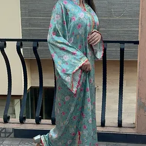 Silky Long Kaftan Dress with Gota Patti - Floral Print, Long Sleeves, Elegant Design, Perfect for Special Occasions
