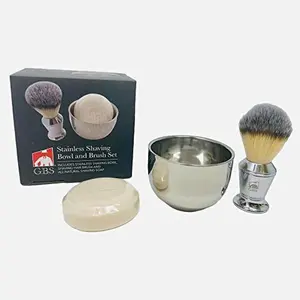 G.B.S Men's Shaving Kit 3 pc Stainless Steel Shiny Bowl Shaving Soap and Synthetic Shaving Brush Durable Makes a Gift Holiday Aftershave Cream Foam