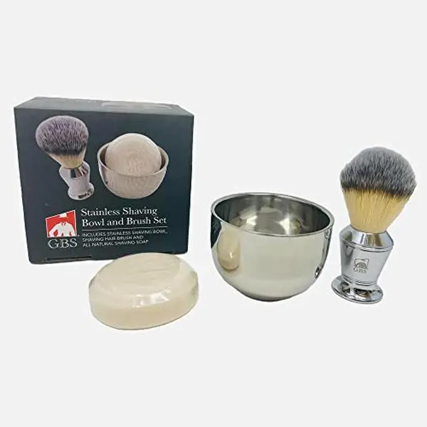 G.B.S Men's Shaving Kit 3 pc Stainless Steel Shiny Bowl Shaving Soap and Synthetic Shaving Brush Durable Makes a Gift Holiday Aftershave Cream Foam