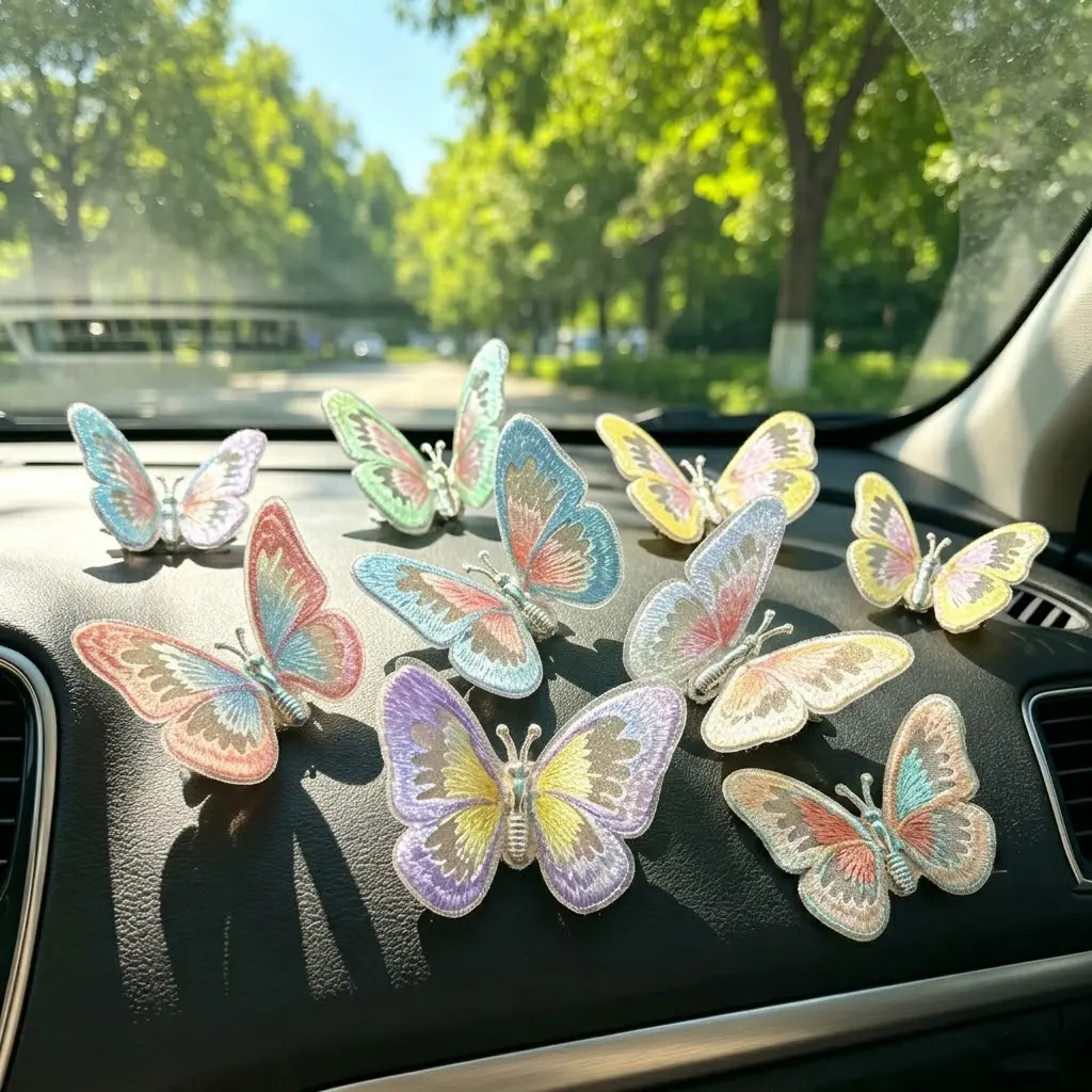 Hnyton 6PCS Embroidery Butterfly Car Decoration, Butterfly Decoration with Dancing Wings, Car Center Console Air Vent Decoration, Car Accessories, Dashboard Ornament Kit