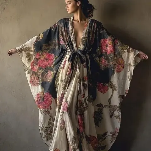 Women's Floral Print Open Front Batwing Long Sleeve Thin Polyester Cardigan - Plus Size (3XL,4XL) Casual Wear Clothes, Polyester Keeps a Smooth Easy Drape Fabric, Home Loungewear, s, 330cpa001, Check Size Chart
