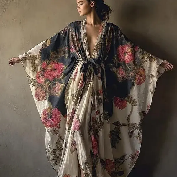 Women's Floral Print Open Front Batwing Long Sleeve Thin Polyester Cardigan - Plus Size (3XL,4XL) Casual Wear Clothes, Polyester Keeps a Smooth Easy Drape Fabric, Home Loungewear, s, 330cpa001, Check Size Chart