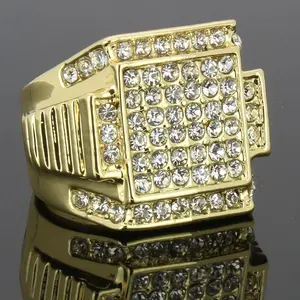 Mens 14k Gold Plated Hip Hop Style 6 Square Ring Cubic-Zirconia