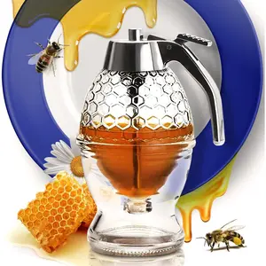 No-drip glass honey dispenser with stand, 8 oz — clear glass honey container with dipper, honey pot with flip-top lid for honey and maple syrup