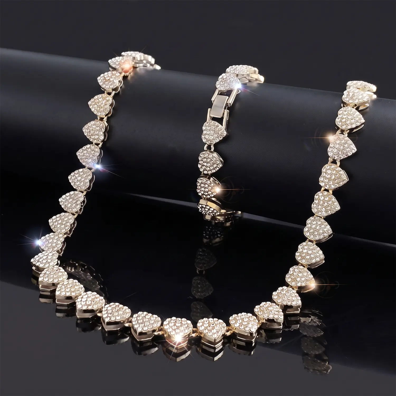 Sparkling Heart Link Jewelry Set | Matching Necklace & Bracelet | Gold or Silver Gift for Women Gold & Silver