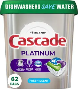 Cascade Platinum Dishwasher Pods, Dishwasher Detergent, Actionpacs, Fresh, 62 Count Household Soap Star
